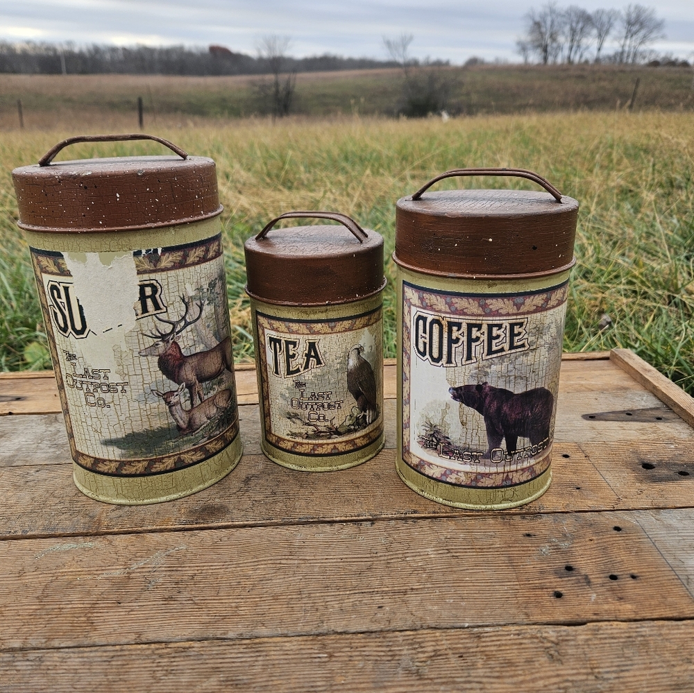 Vintage OHIO WHOLESALE 3 Nesting Tin Farmhouse Canister Set